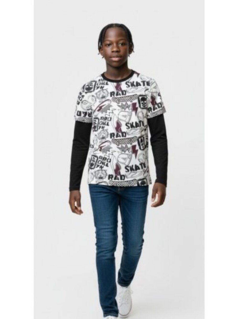 WONDER NATION Black and White Skateboard Themed Top Boys Size 10-12